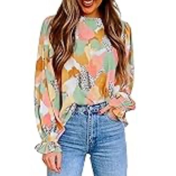 Multicolor Abstract Print Women's Ruffle Sleeve Blouse - Picture 1 of 6